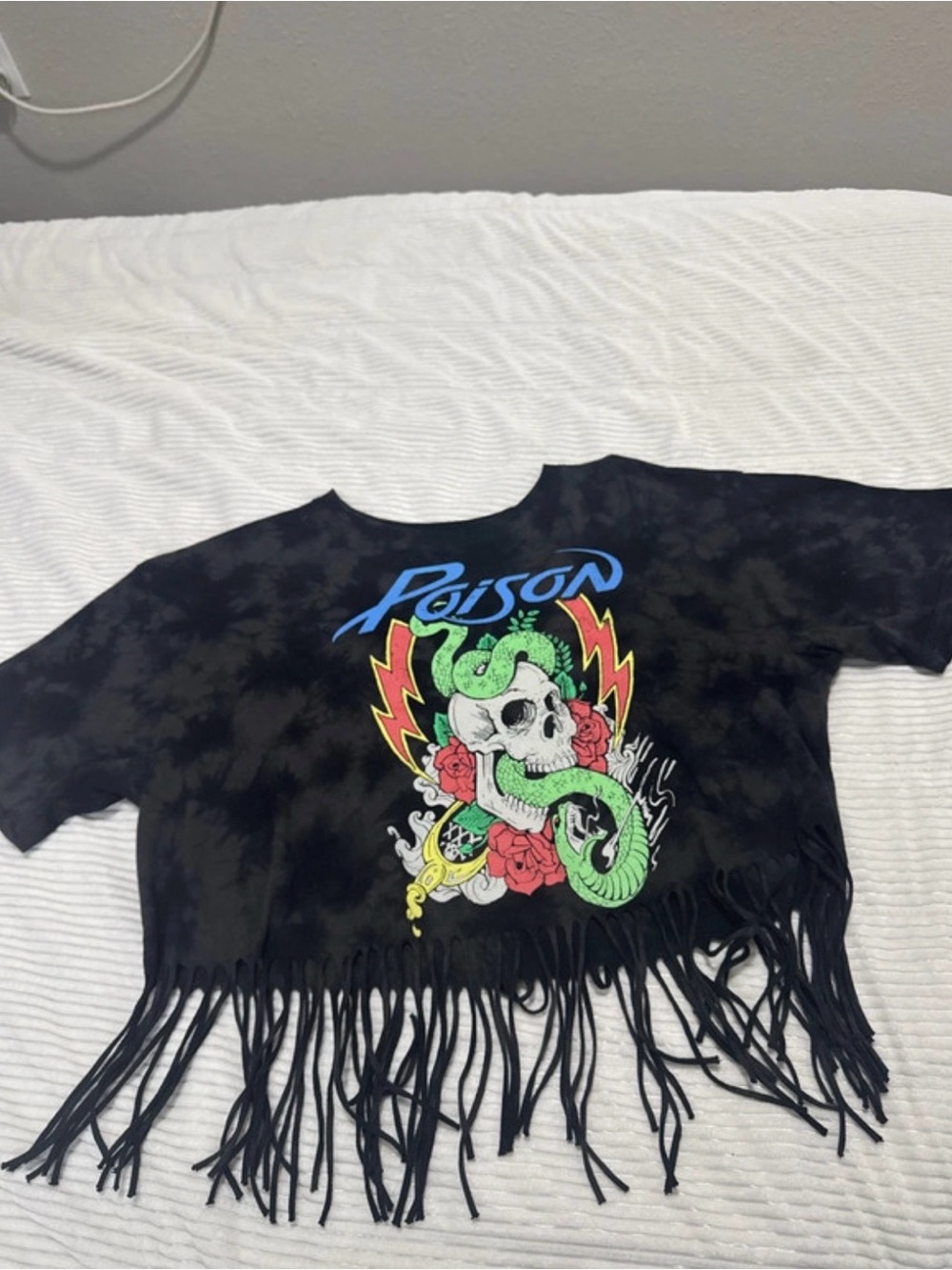 Black Graphic Fringe Crop Top with Green Snake and Skull Print